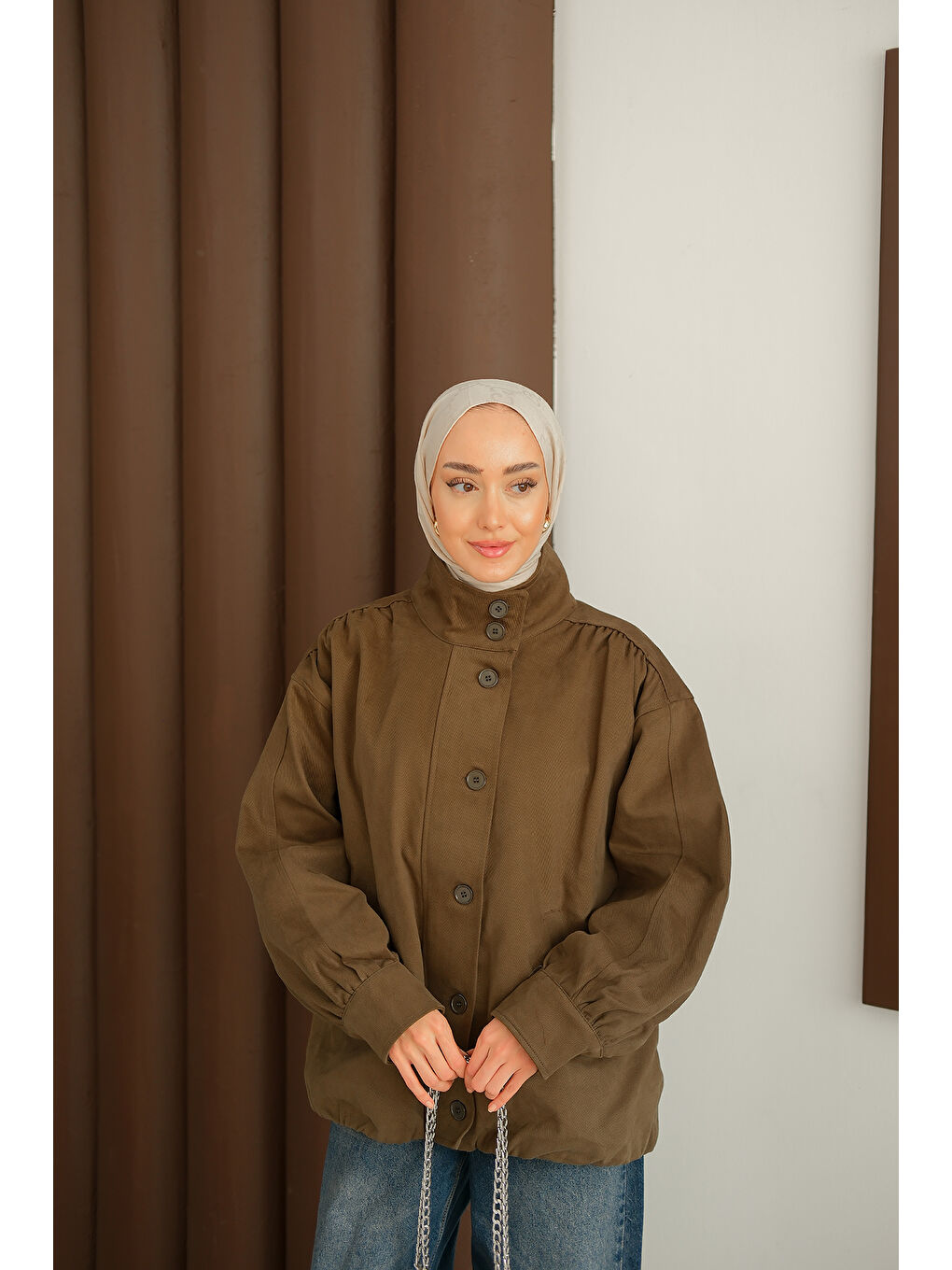 Kadın Düğme Detaylı Ceket Haki Yeşil-2