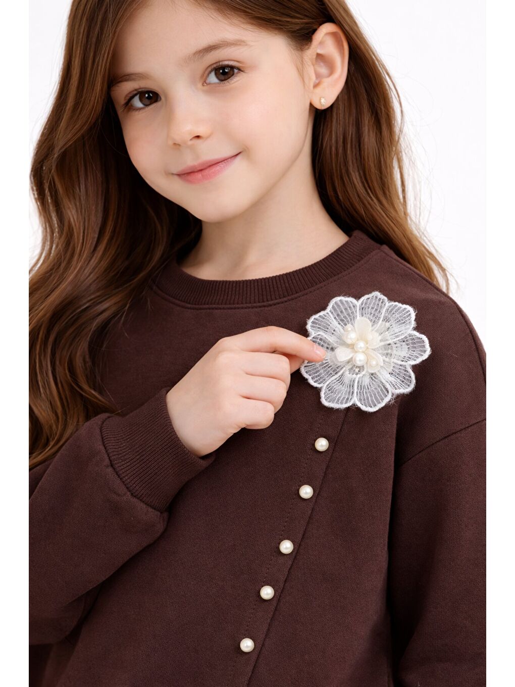 Kahverengi Dantel Detaylı Badili Jean Pantolonlu Kız Çocuk Alt Üst Takım 23594-1