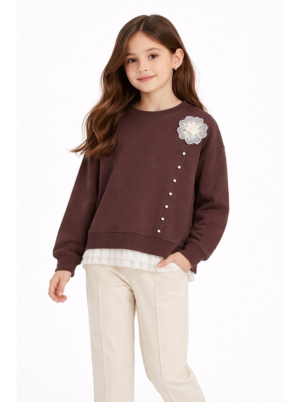 Kahverengi Dantel Detaylı Badili Jean Pantolonlu Kız Çocuk Alt Üst Takım 23594-2