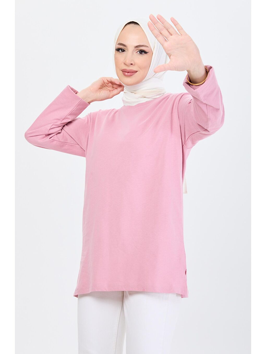 TOFİSA Pembe Düz Bisiklet Yaka Kadın Pembe T-Shirt - 24189 - 1