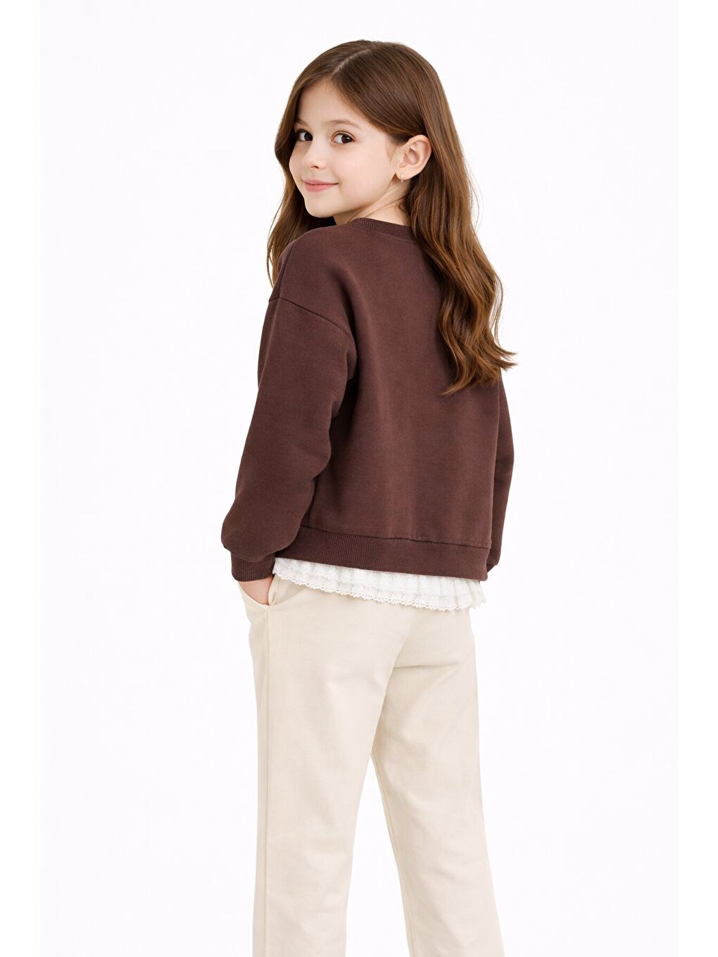 Kahverengi Dantel Detaylı Badili Jean Pantolonlu Kız Çocuk Alt Üst Takım 23594-4