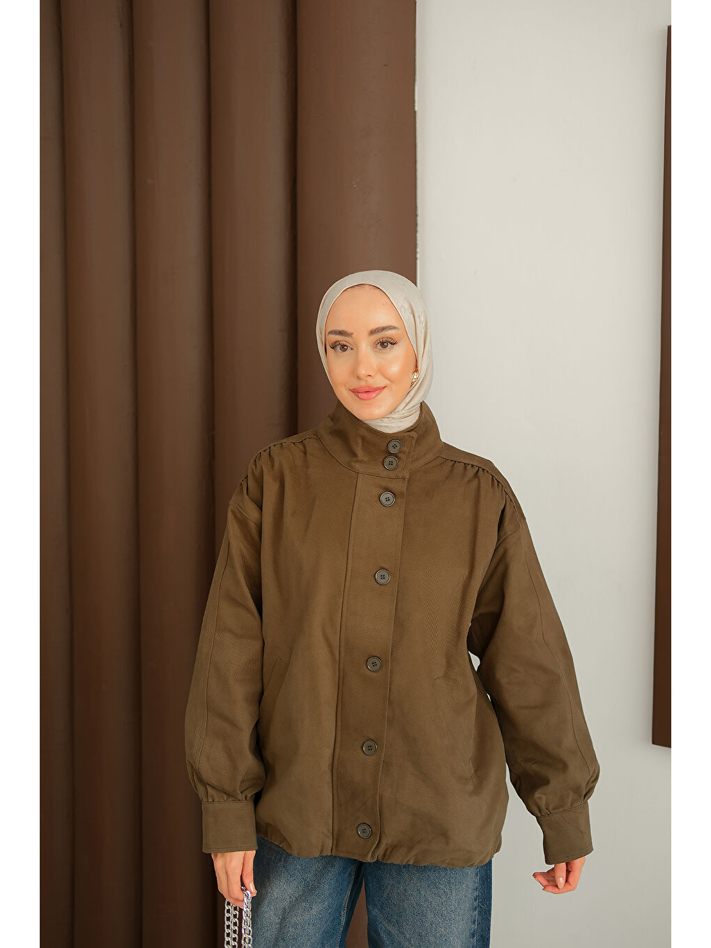 Kadın Düğme Detaylı Ceket Haki Yeşil-3