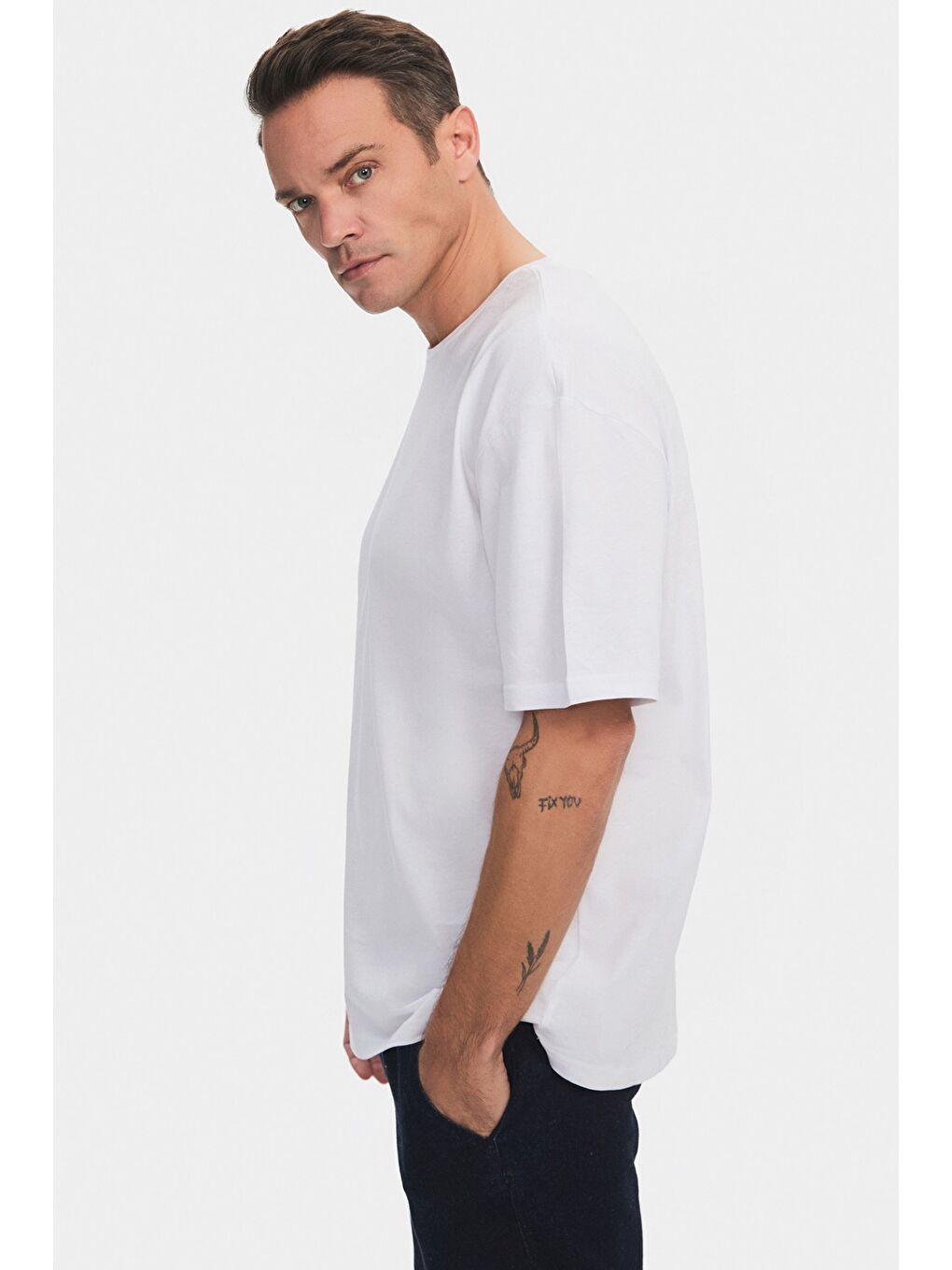 Beyaz Erkek 2'li Oversize Kalıp Tişört-4