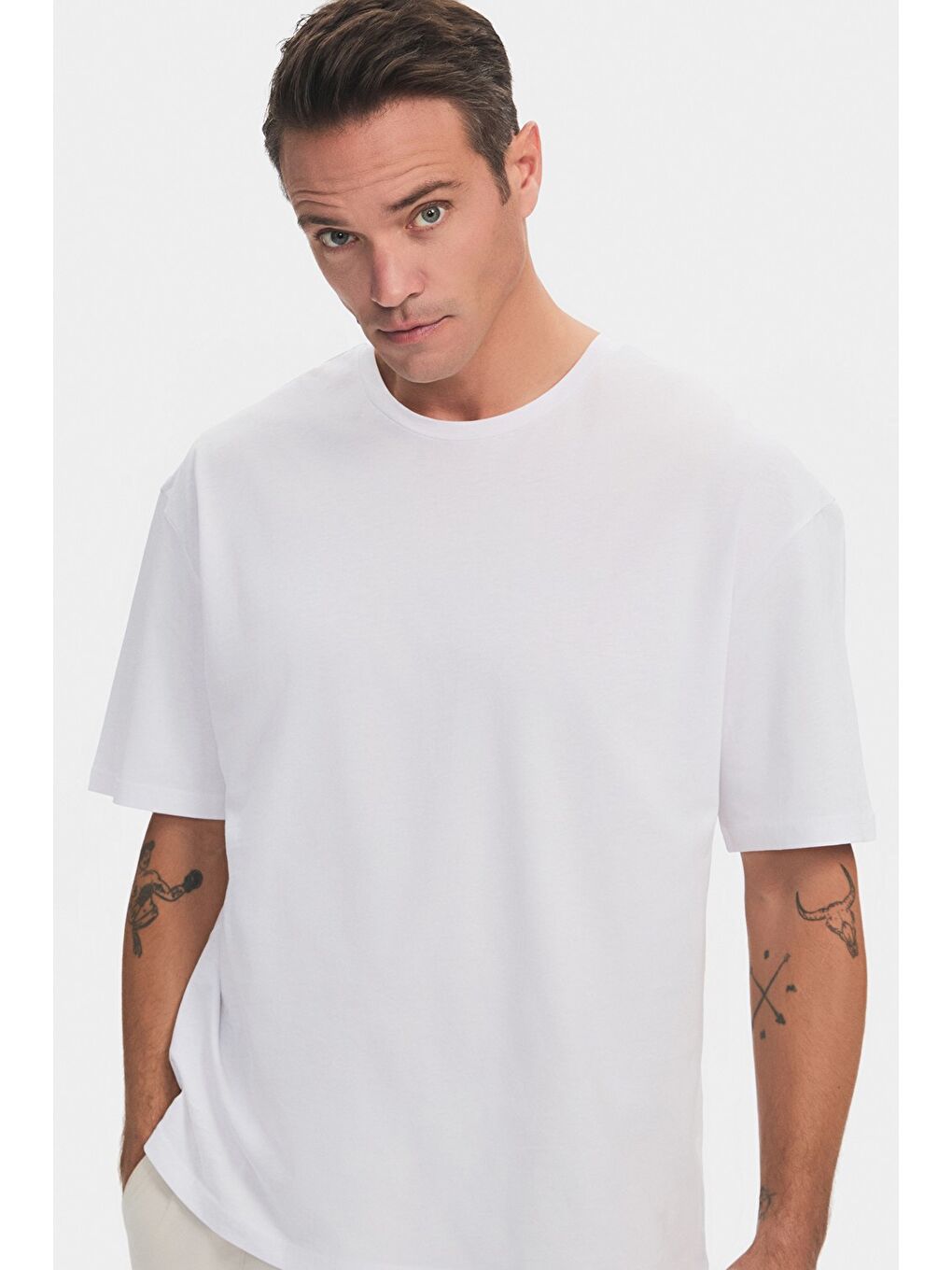 Beyaz Erkek 2'li Oversize Kalıp Tişört-7