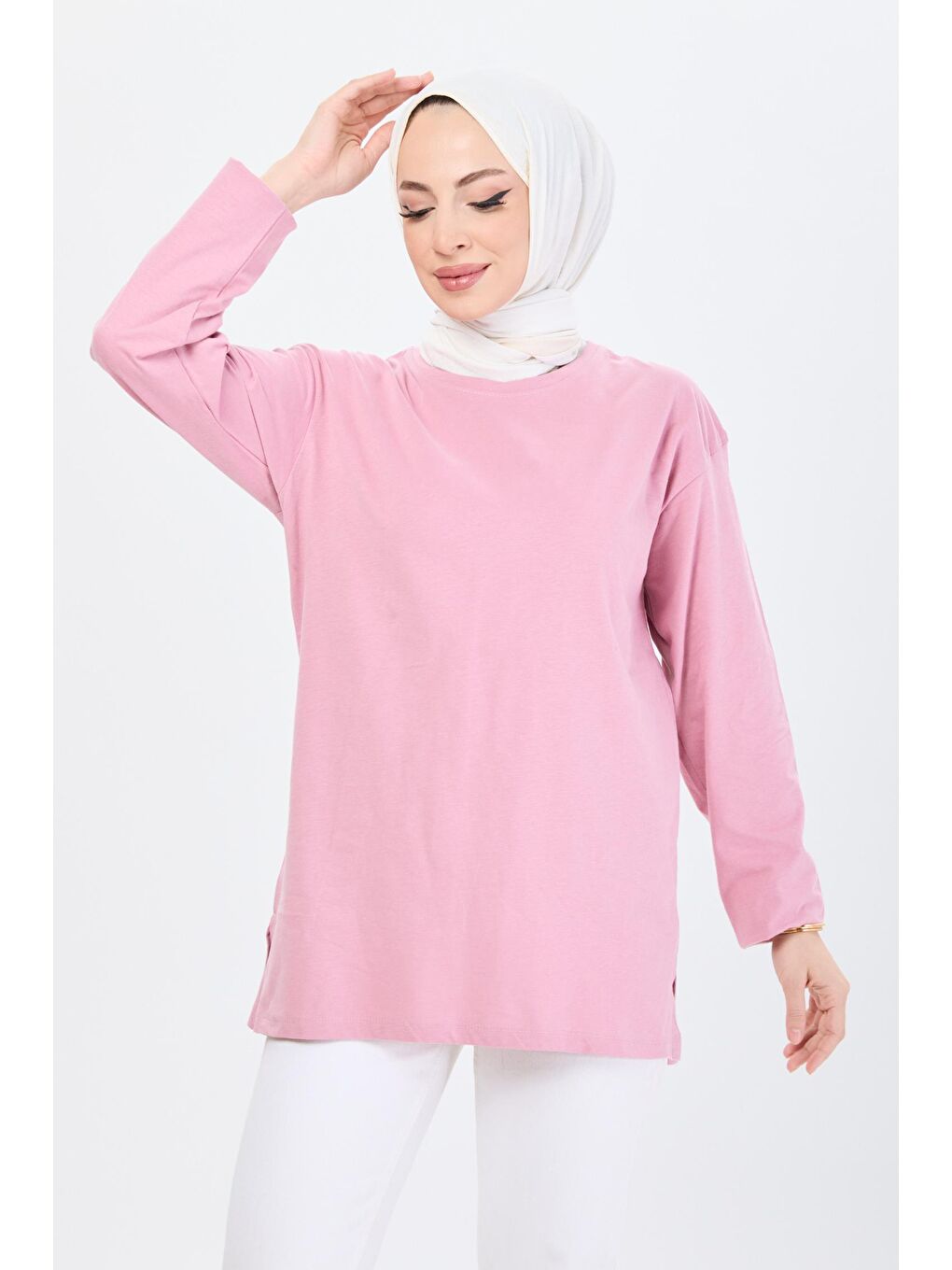 TOFİSA Pembe Düz Bisiklet Yaka Kadın Pembe T-Shirt - 24189 - 3