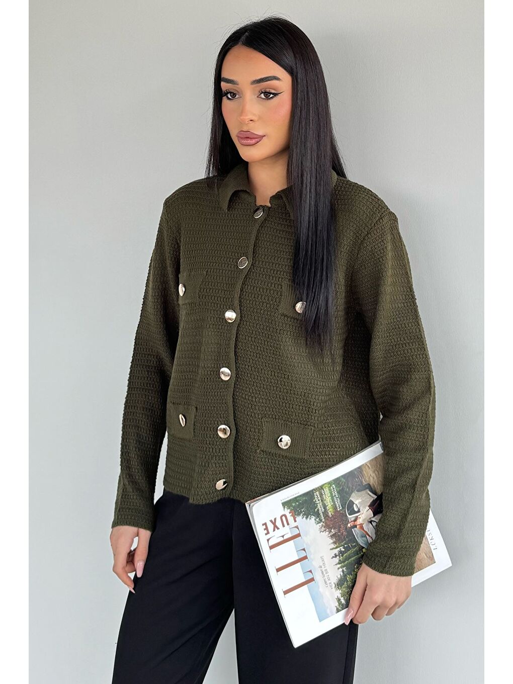 Haki Kadın Polo Yaka Gold Düğme Detaylı Triko Hırka-1