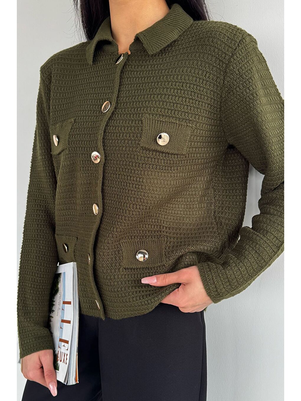 Haki Kadın Polo Yaka Gold Düğme Detaylı Triko Hırka-2