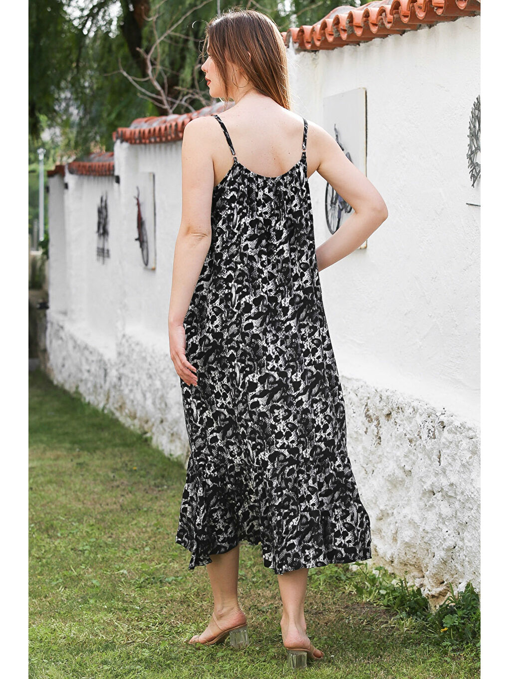 Siyah Leopar Desenli Gizli Cepli Eteği Fırfırlı Ayarlanabilir Askılı Dokuma Elbise 128 66-6