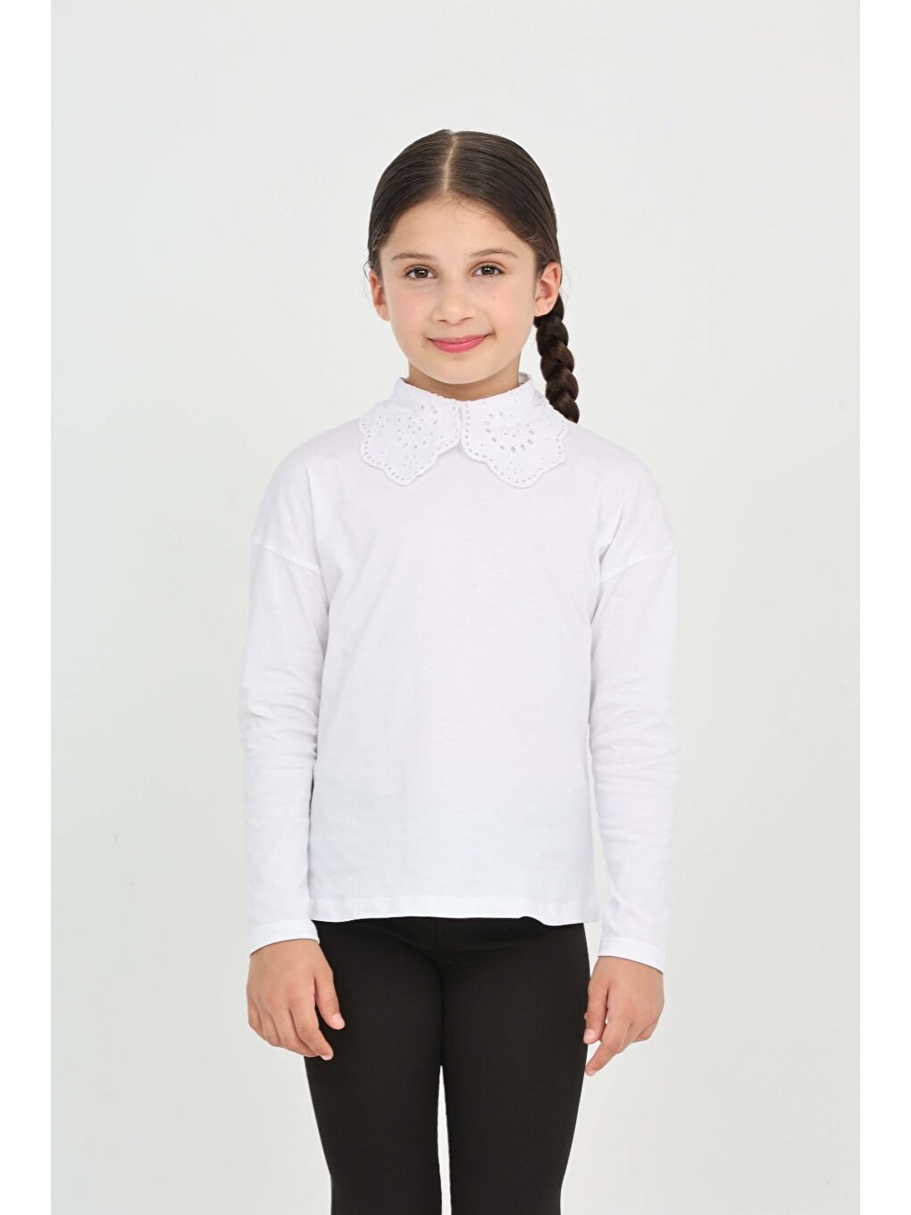 Beyaz Kız Çocuk Okul Dantel Yaka Tişört-1