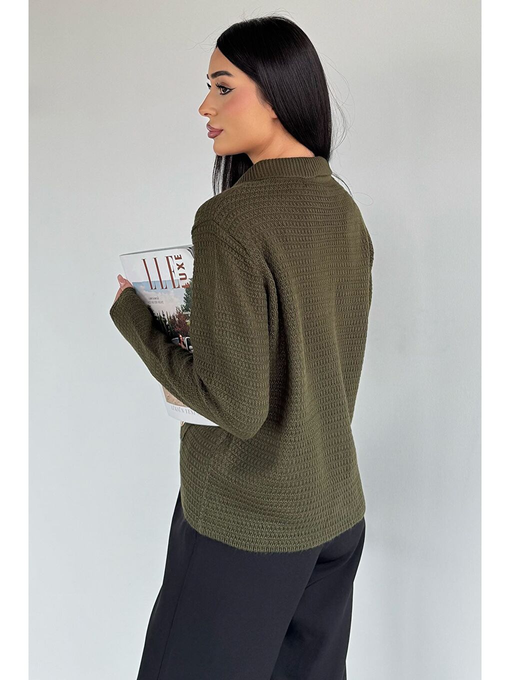 Haki Kadın Polo Yaka Gold Düğme Detaylı Triko Hırka-3