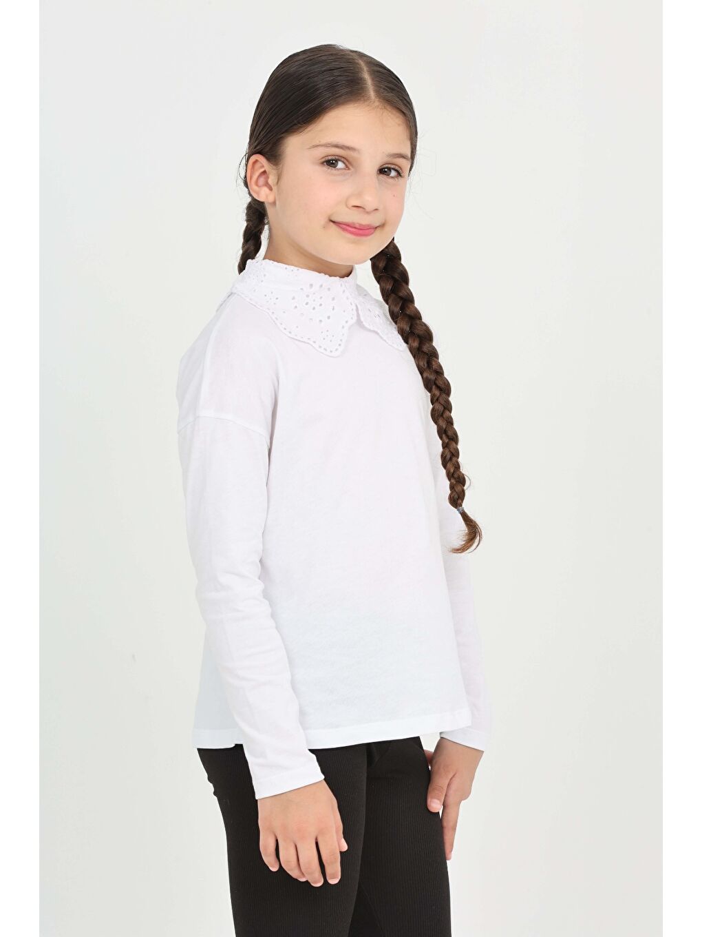 Beyaz Kız Çocuk Okul Dantel Yaka Tişört-2