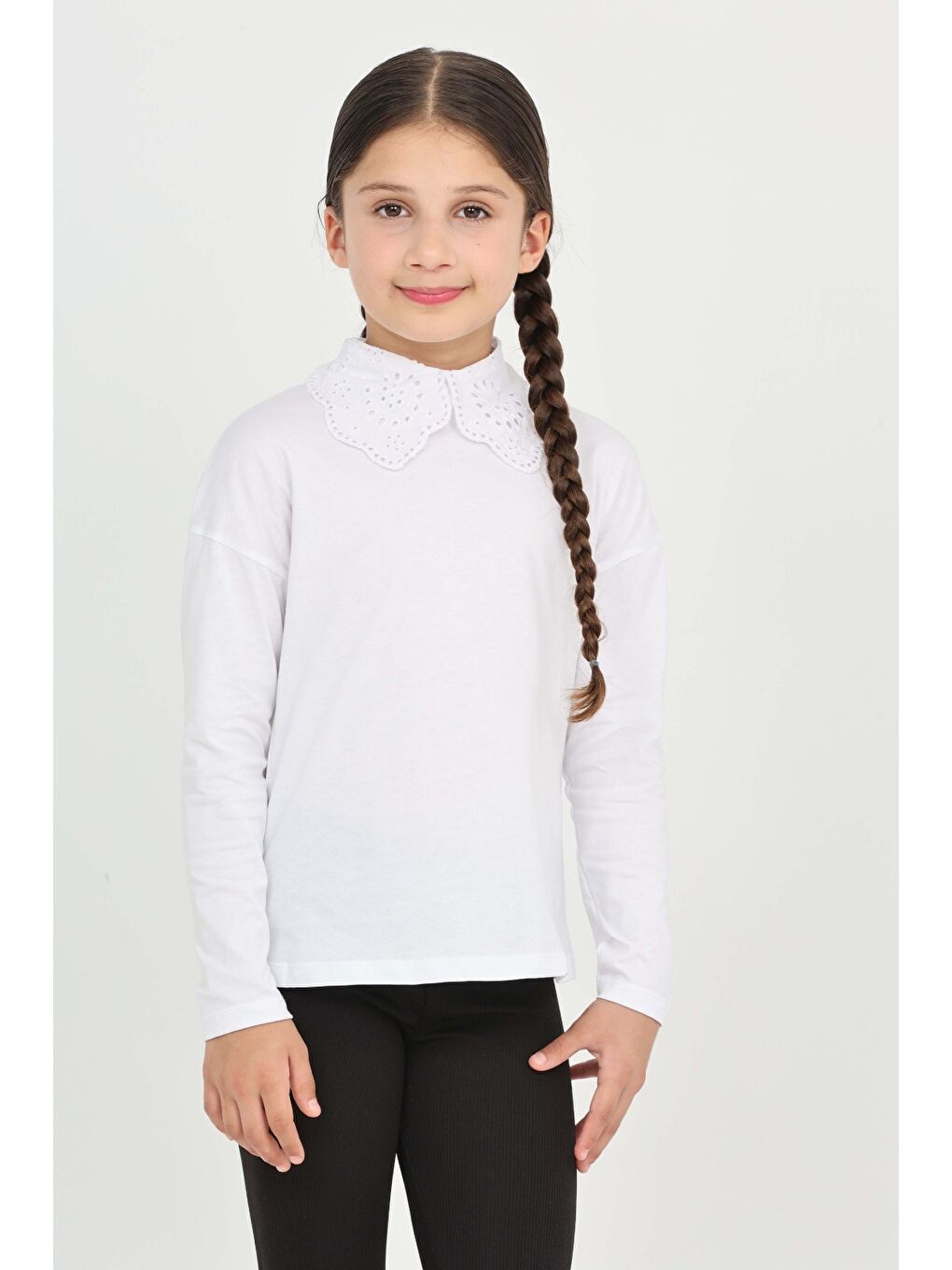 Beyaz Kız Çocuk Okul Dantel Yaka Tişört-3