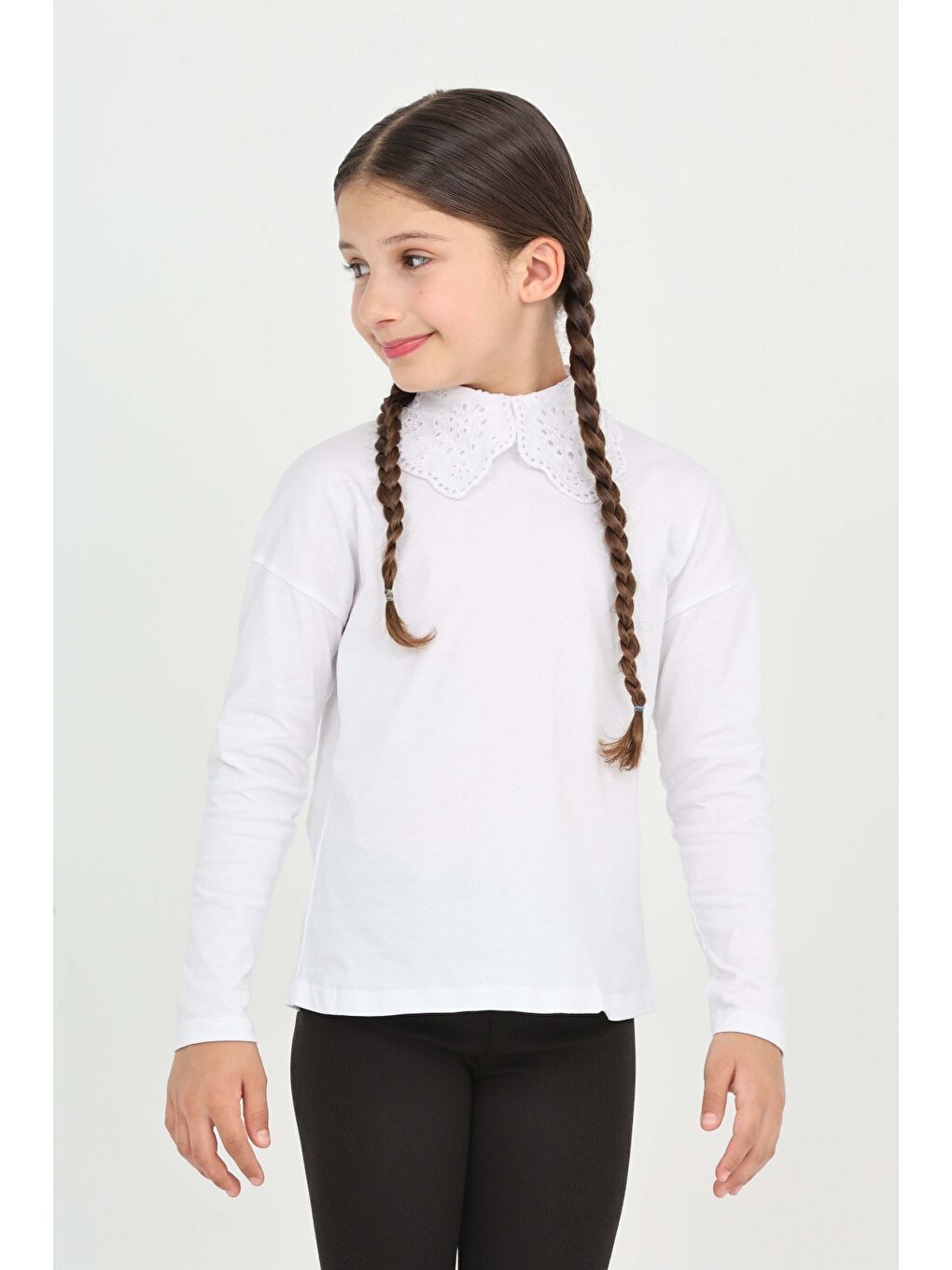Beyaz Kız Çocuk Okul Dantel Yaka Tişört-4