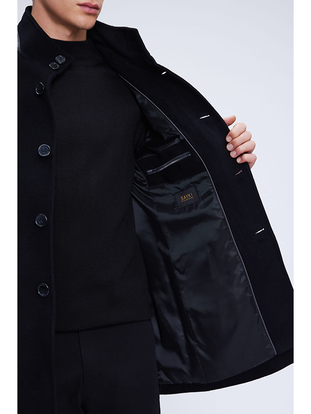 Siyah Regular Fit Hakim Yaka Yünlü Kaşe Palto-3