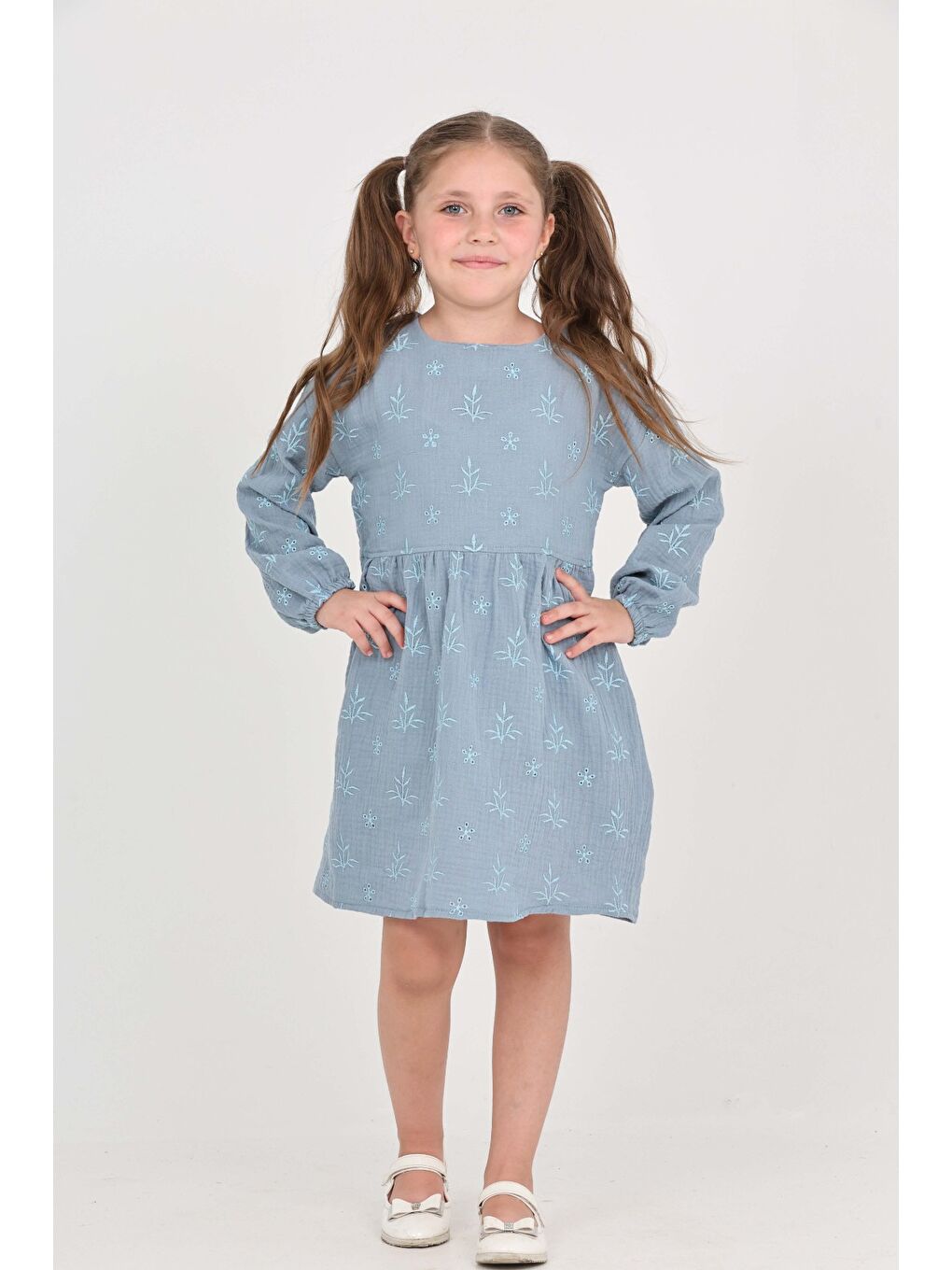 İndigo Kız Çocuk Çiçek Nakışlı Elbise-1