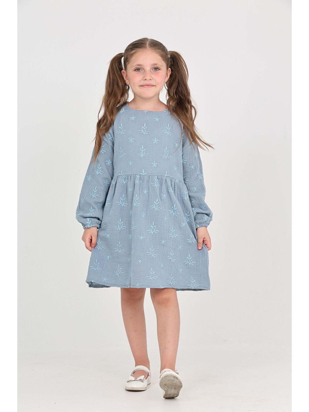 İndigo Kız Çocuk Çiçek Nakışlı Elbise-2