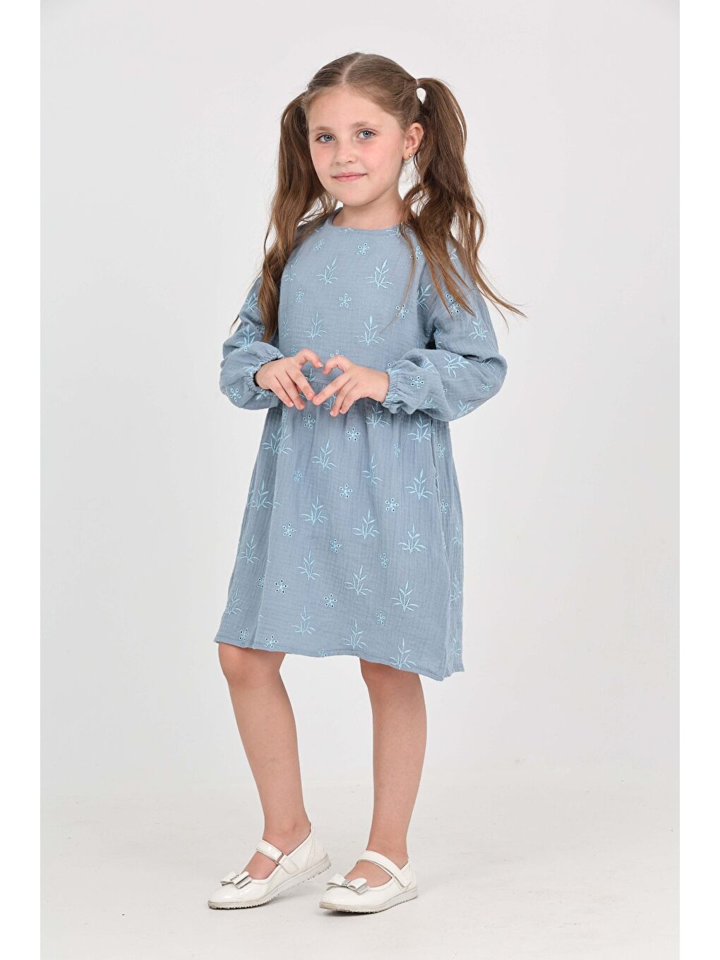İndigo Kız Çocuk Çiçek Nakışlı Elbise-3