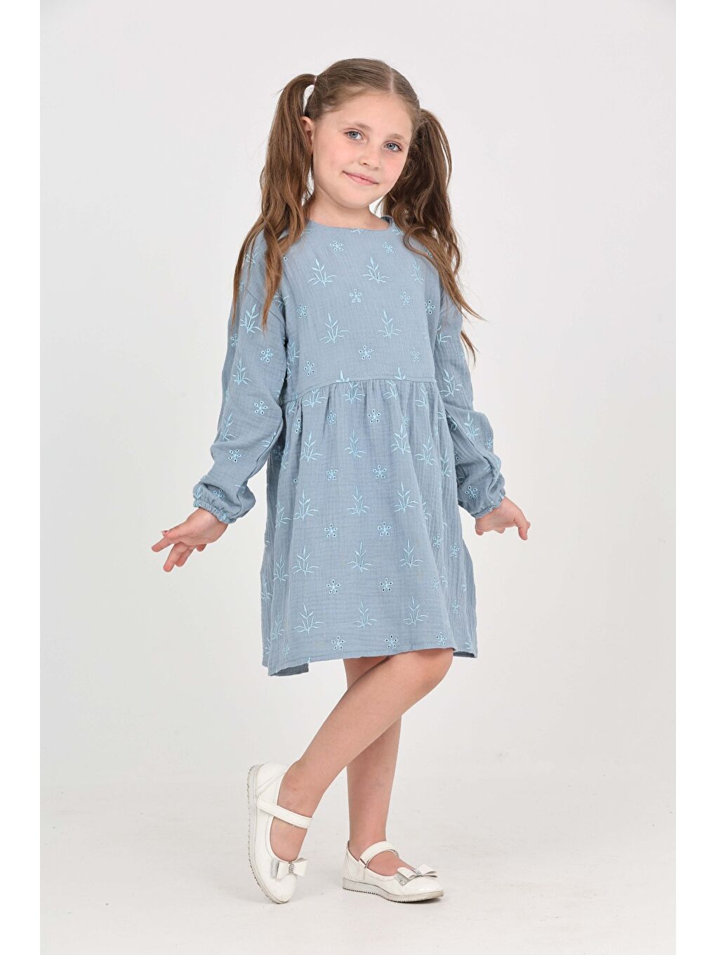 İndigo Kız Çocuk Çiçek Nakışlı Elbise-4