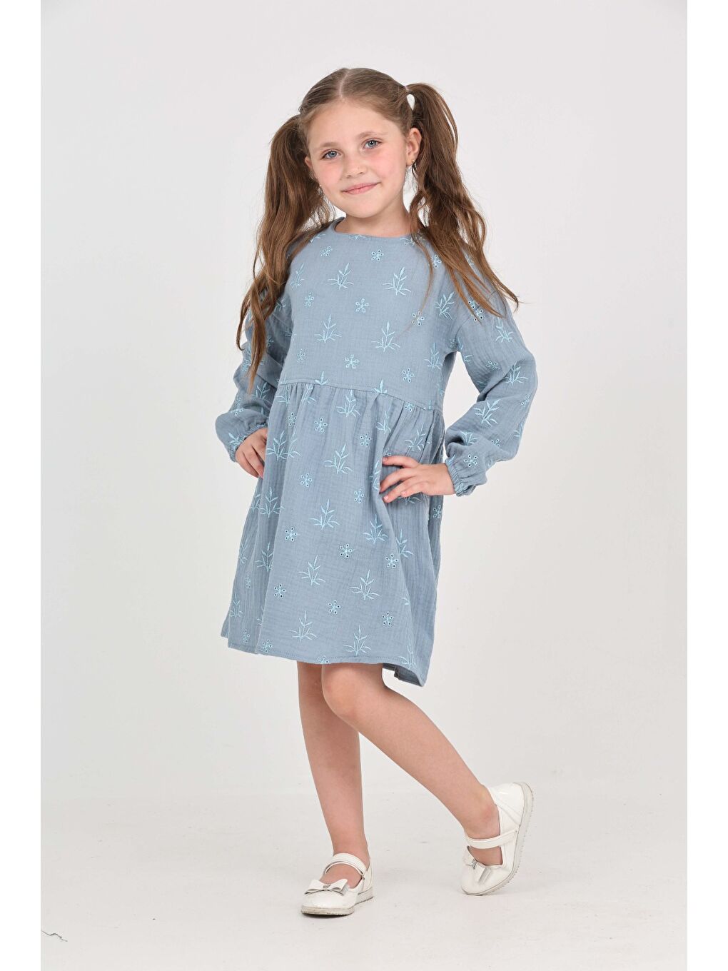 İndigo Kız Çocuk Çiçek Nakışlı Elbise-5