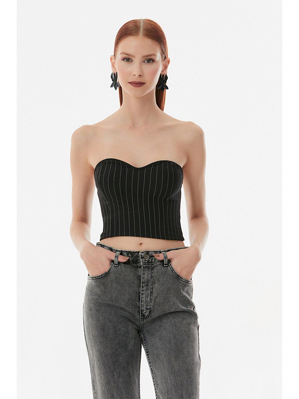 Siyah Çizgili Slim Fit Crop Bluz