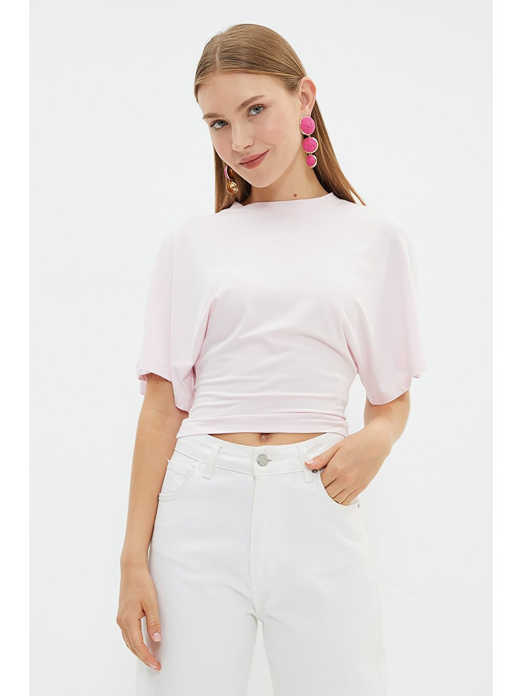 Pembe Yarasa Kol Bisiklet Yaka Crop Bluz