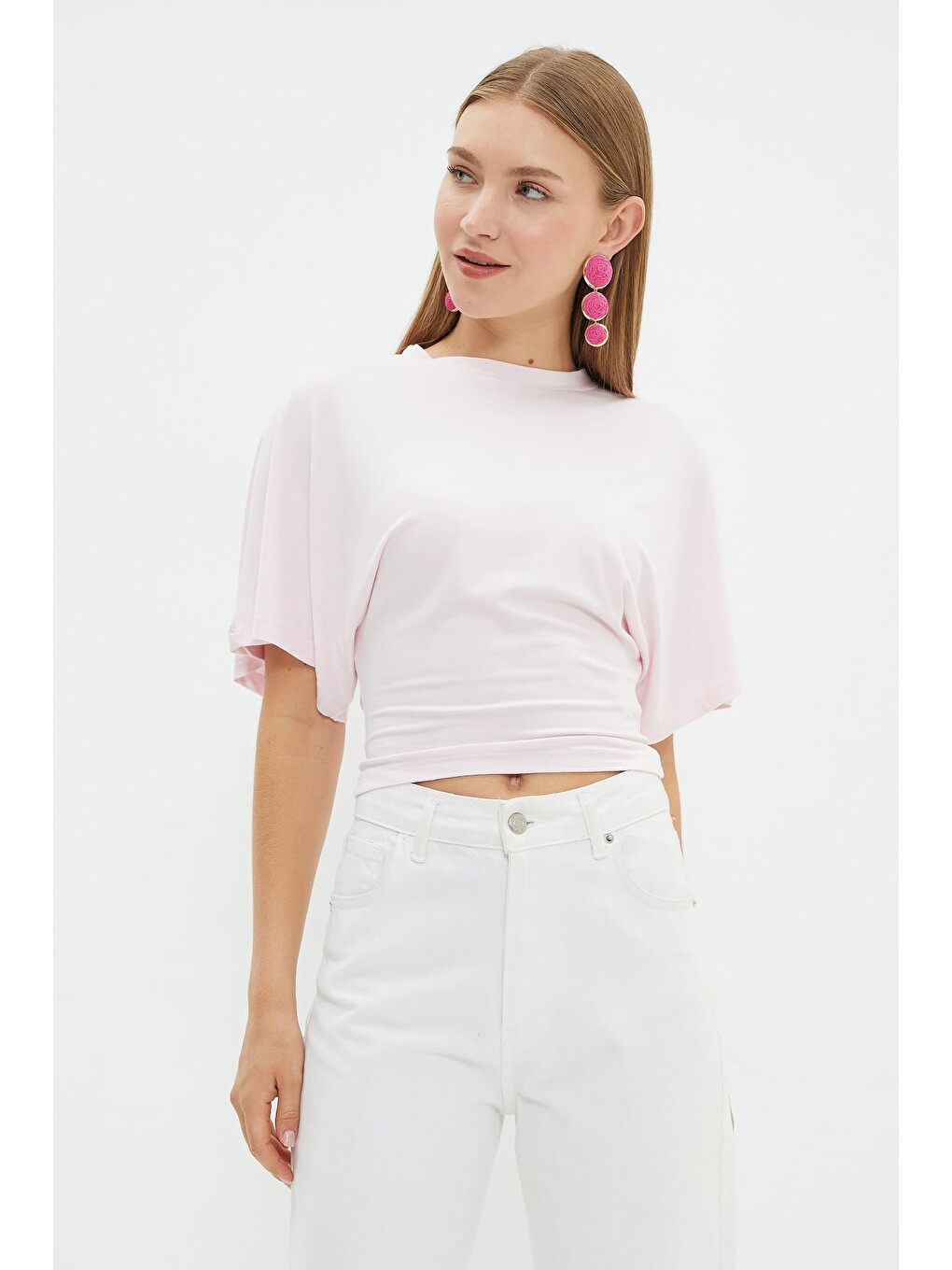 Pembe Yarasa Kol Bisiklet Yaka Crop Bluz-1