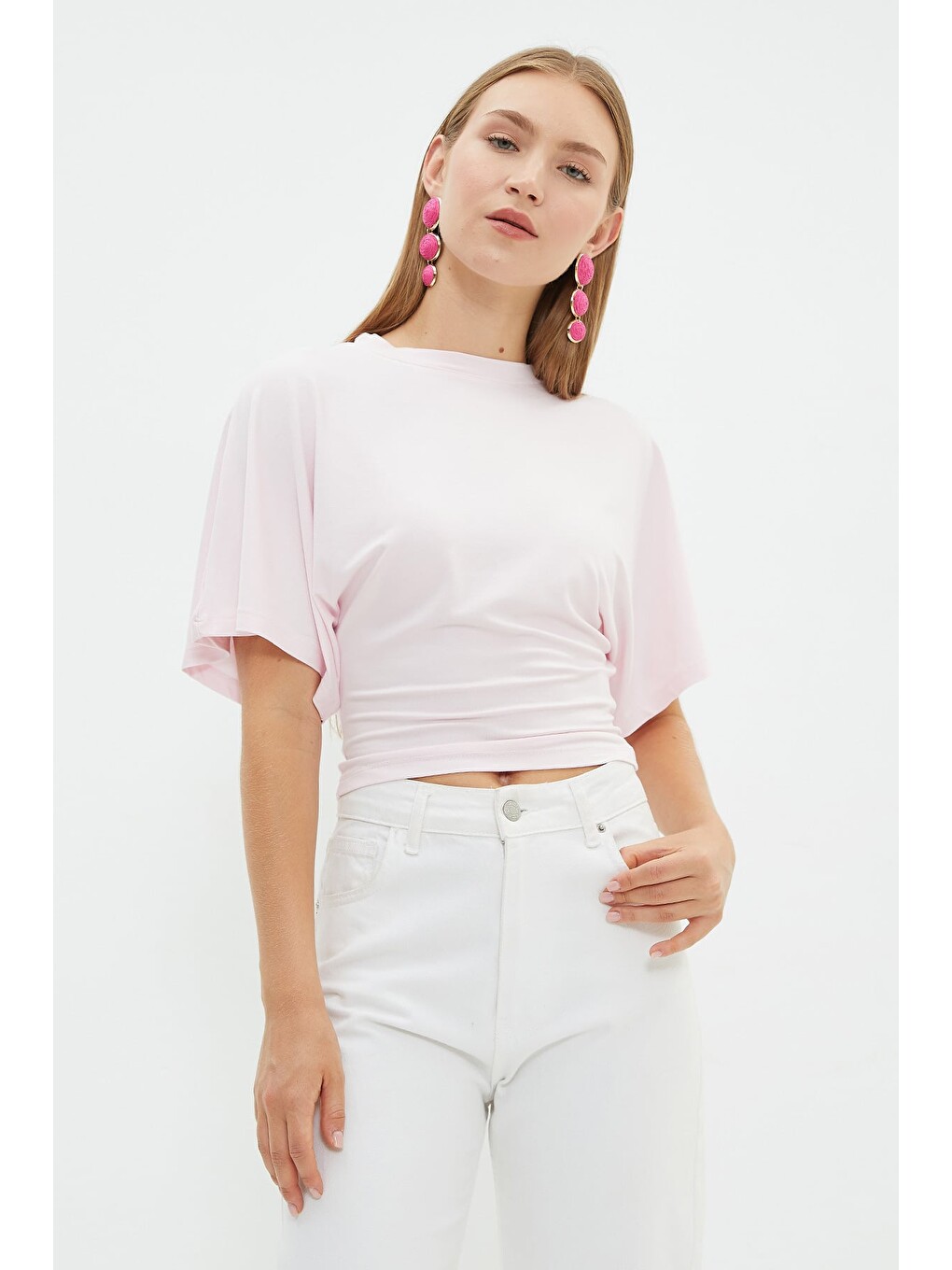 Pembe Yarasa Kol Bisiklet Yaka Crop Bluz-2