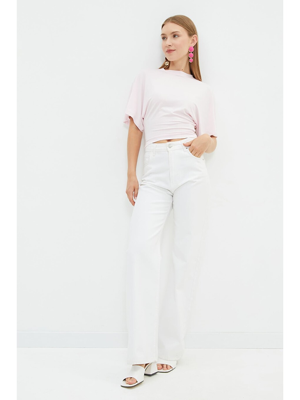 Pembe Yarasa Kol Bisiklet Yaka Crop Bluz-3