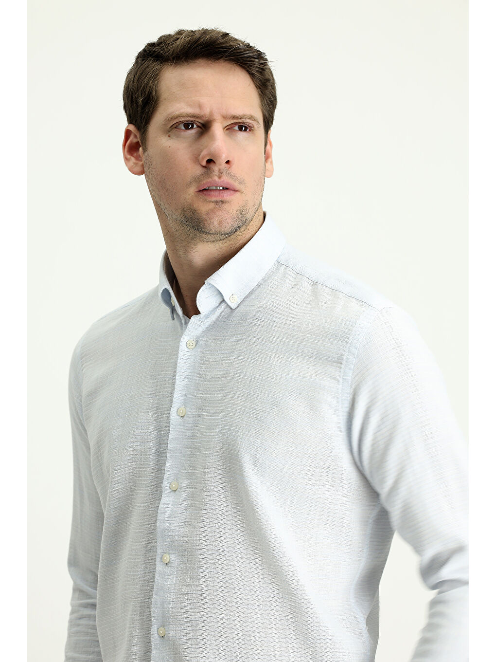 Mavi Uzun Kol Slim Fit Dar Kesim Keten Görünümlü Pamuk Spor Düğmeli Yaka %100 Pamuk Gömlek-1