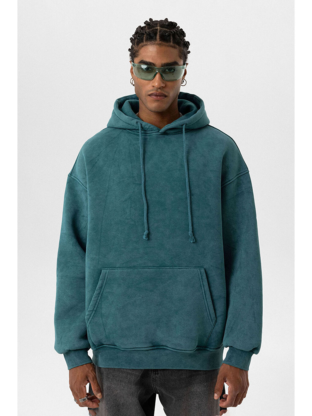 VAMOSCLO Petrol Basic Yıkamalı Oversize Erkek Sweatshirt - 1