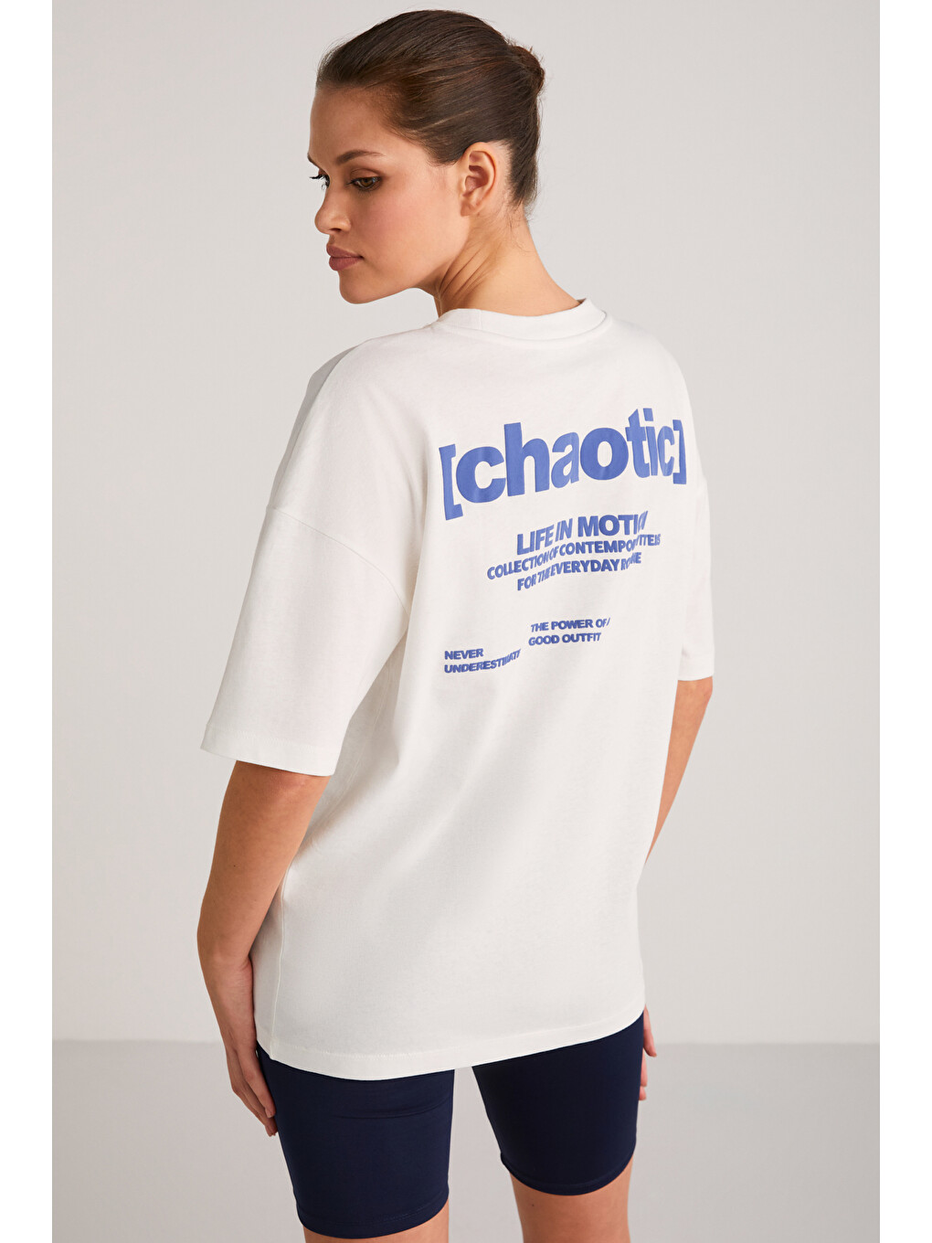Mavi ARCADIA Kadın %100 Pamuk Arka ve Önü Yazi Detaylı Baskılı Slim MAVİ-EKRU T-Shirt-2