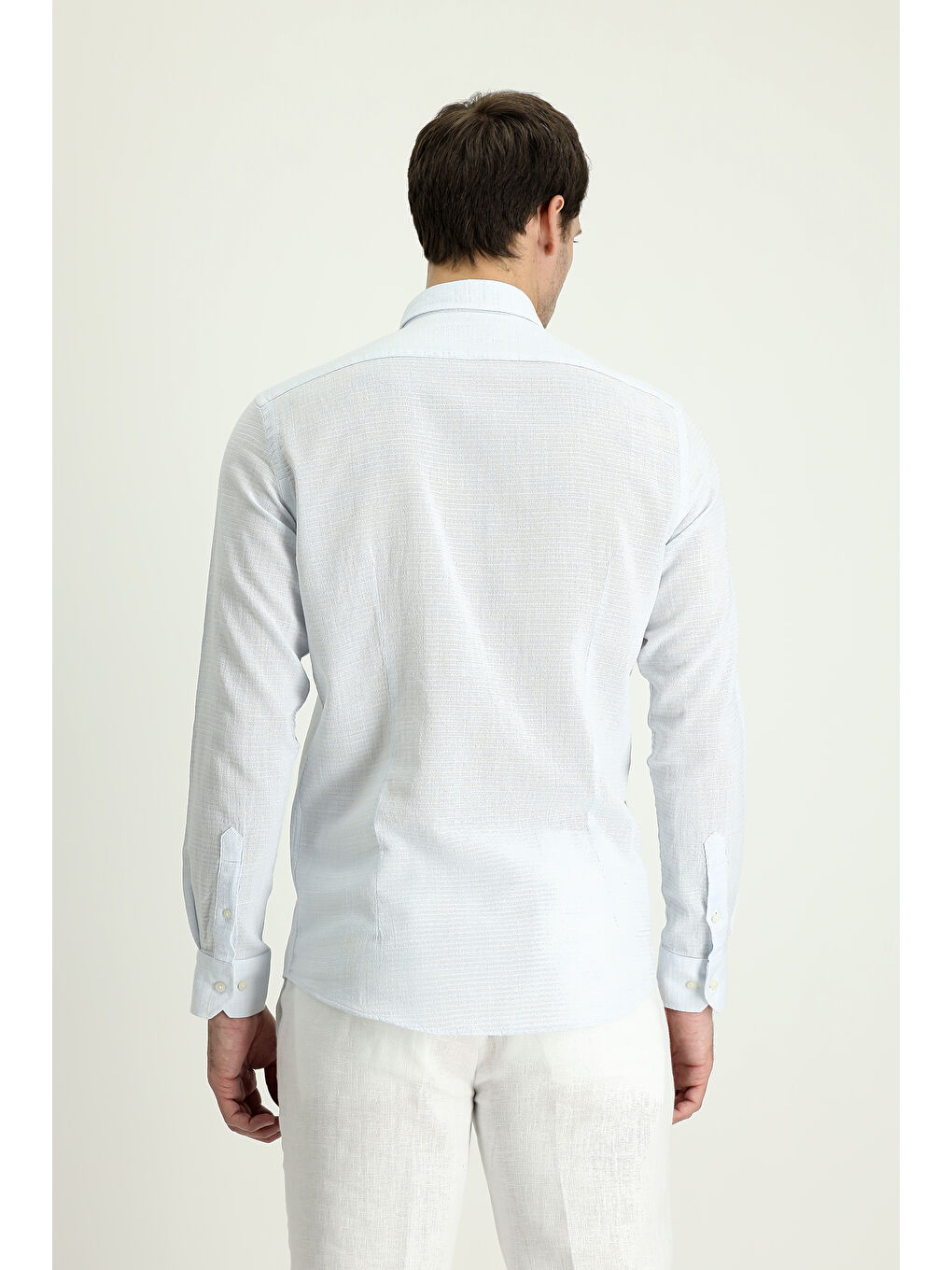 Mavi Uzun Kol Slim Fit Dar Kesim Keten Görünümlü Pamuk Spor Düğmeli Yaka %100 Pamuk Gömlek-2