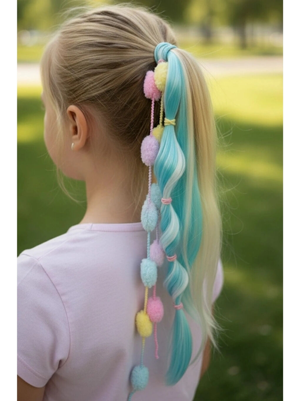 Mavi Saç Detaylı Ponpon Detaylı Kız Çocuk Lastik Toka