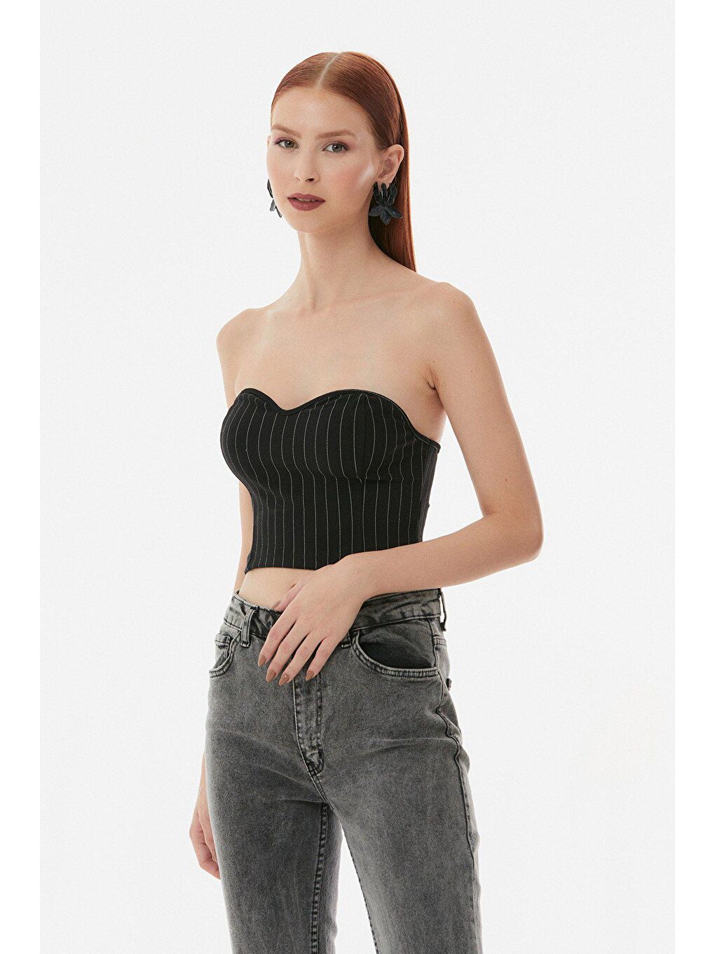 Siyah Çizgili Slim Fit Crop Bluz-2