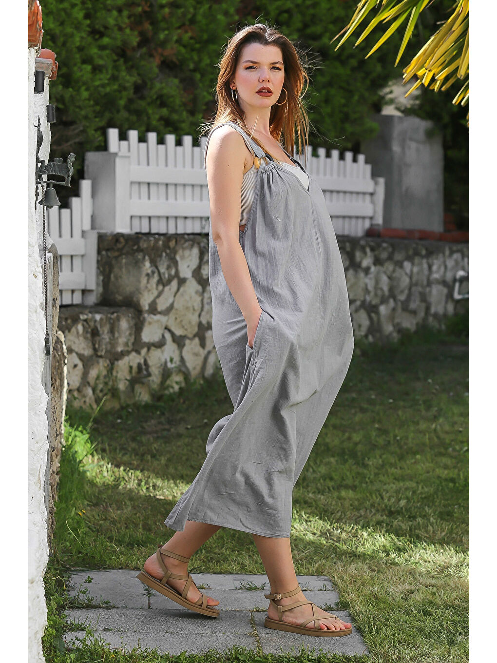 Gri Askılı Gizli Cepli Tokalı Casual Keten Karışımlı Dokuma Elbise 135 58-4