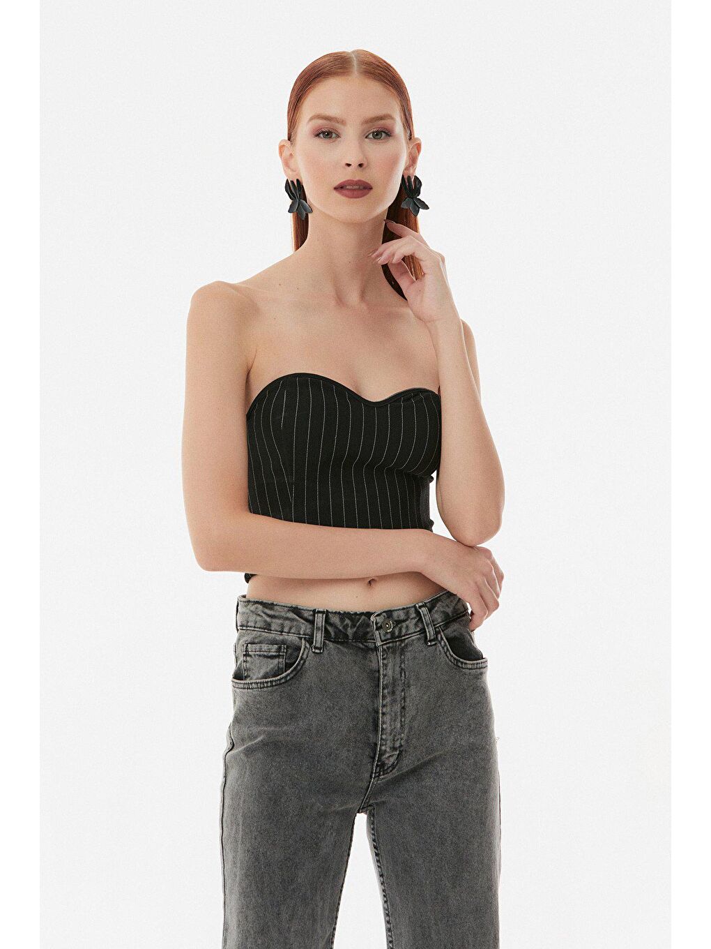 Siyah Çizgili Slim Fit Crop Bluz-3