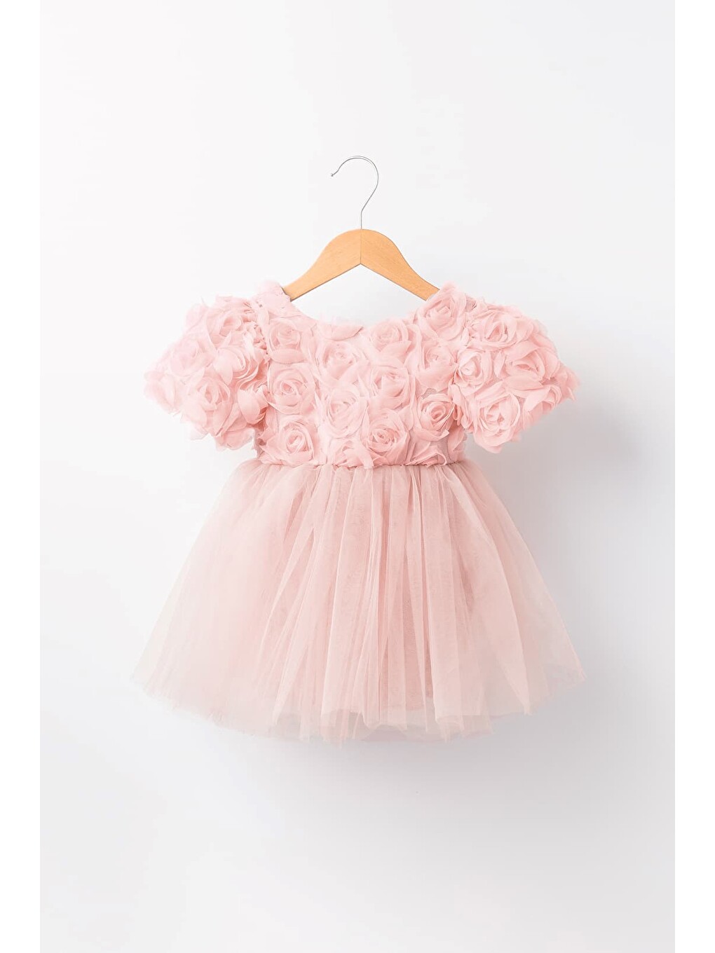 Pembe Rosalinda Kız Bebek Çocuk Pamuk Astarlı Gül Detaylı Kabarık Tüllü Tütü Elbise