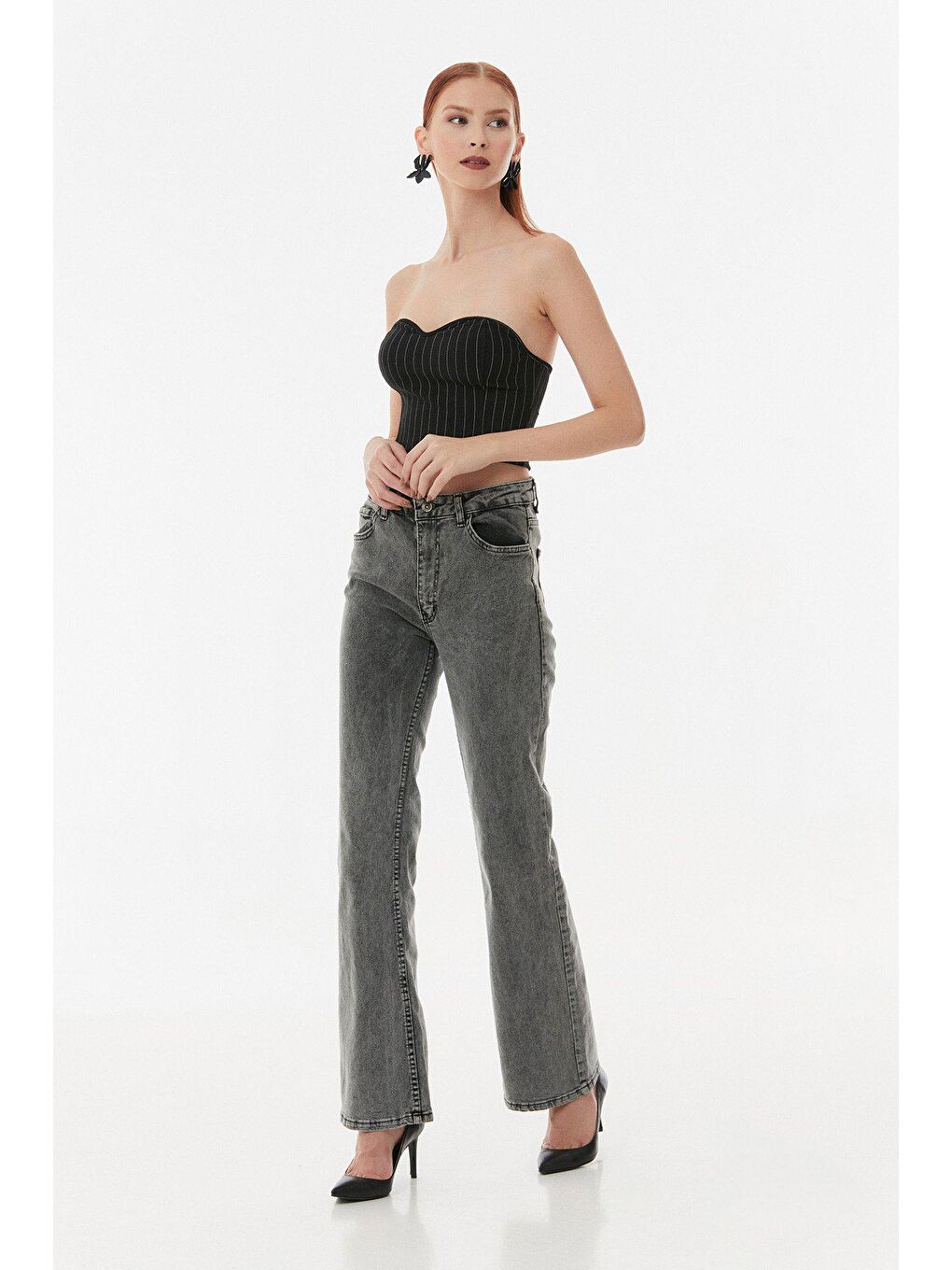 Siyah Çizgili Slim Fit Crop Bluz-4