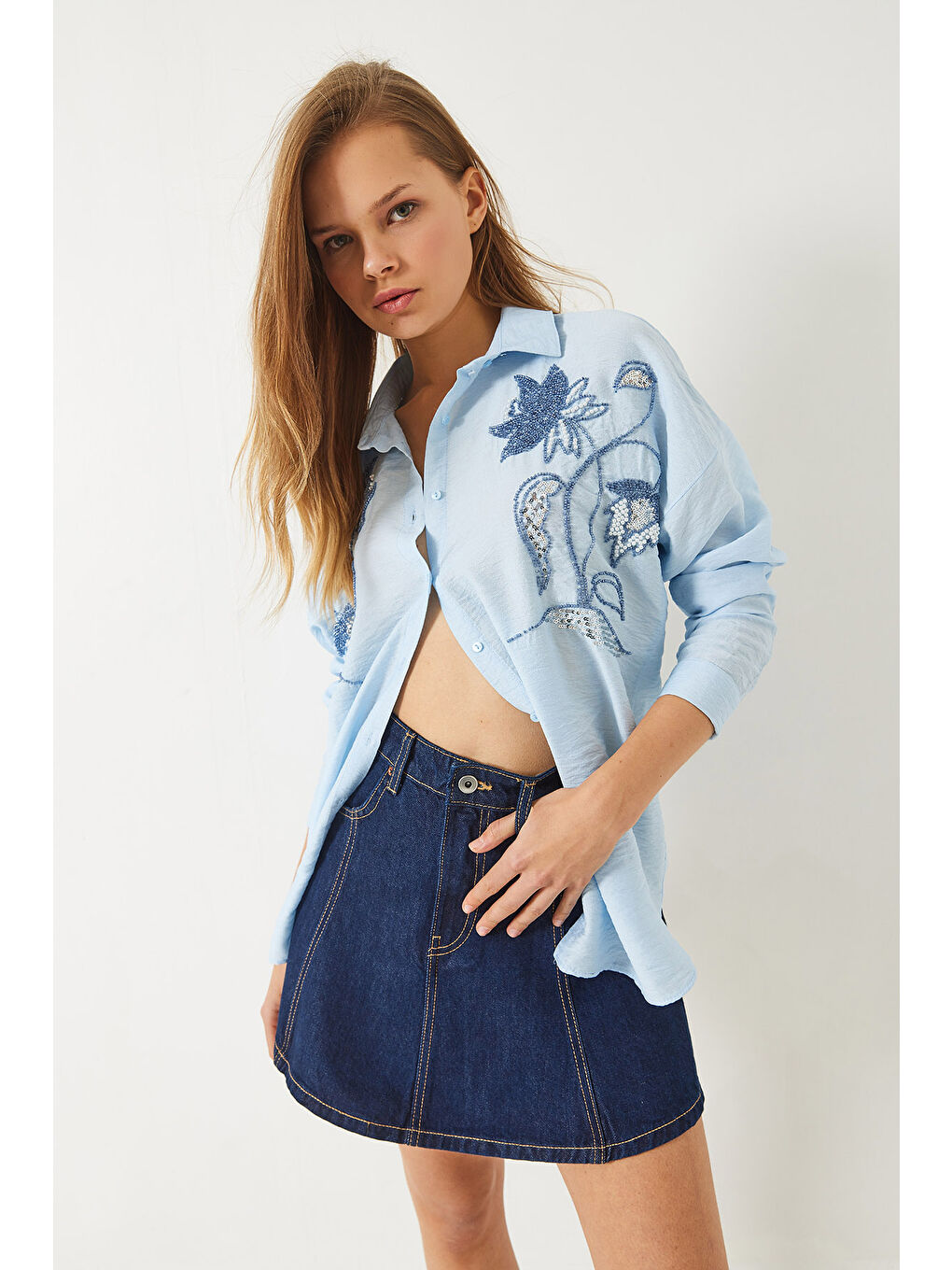 Mavi Kadın Boncuk Taş Nakış İşlemeli Aerobin Oversize Gömlek-1