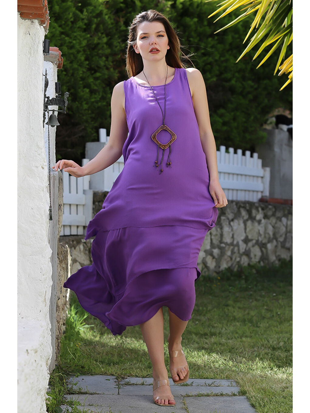 Mor Havuz Yaka Kolsuz İnce Çift Katlı Casual Dokuma Elbise 135 55