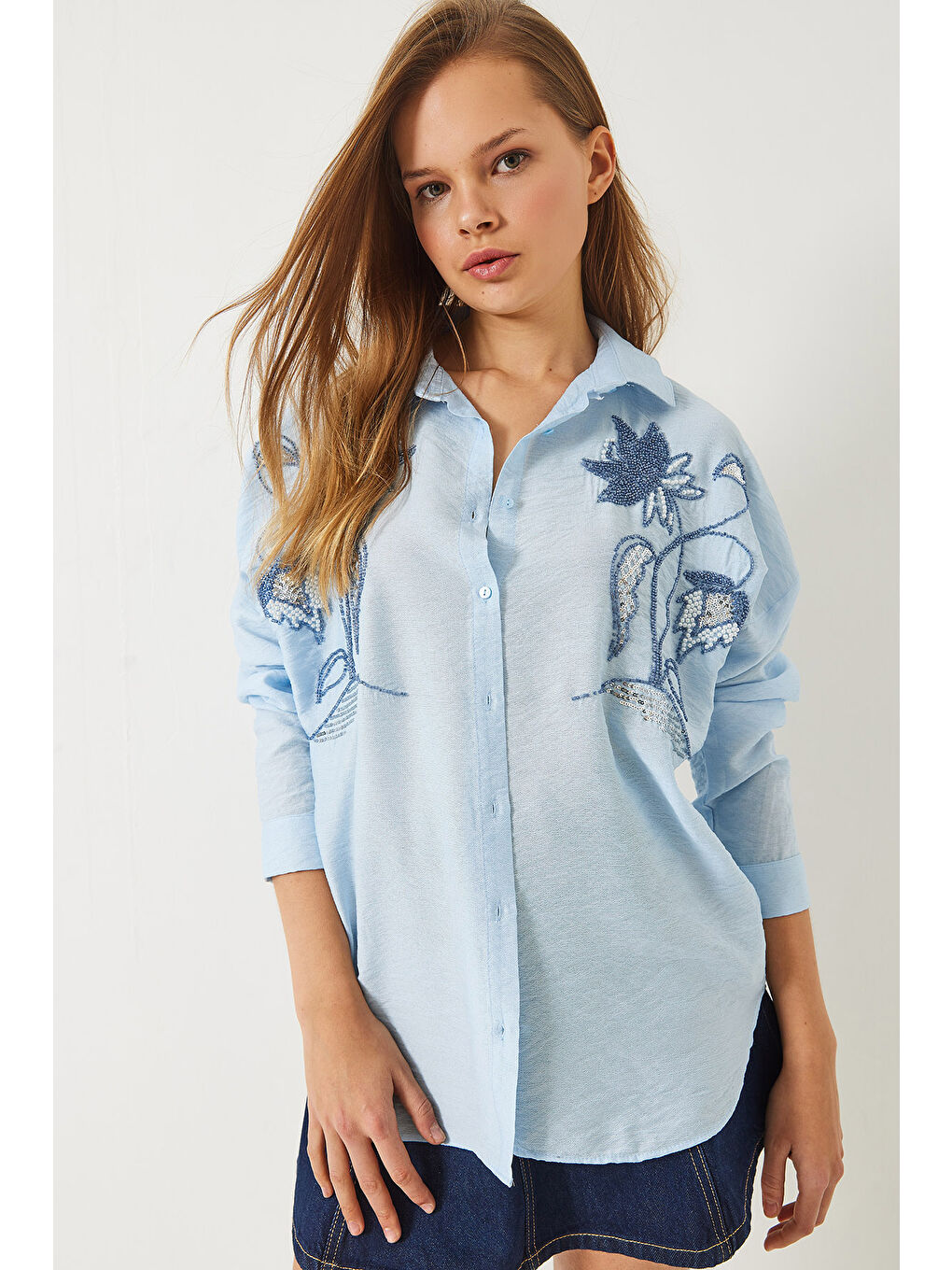 Mavi Kadın Boncuk Taş Nakış İşlemeli Aerobin Oversize Gömlek-2