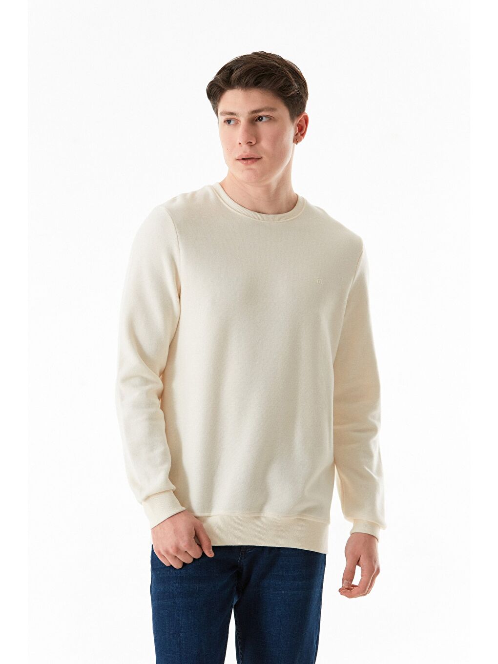 Ekru Fitilli Bisiklet Yaka Sweatshirt