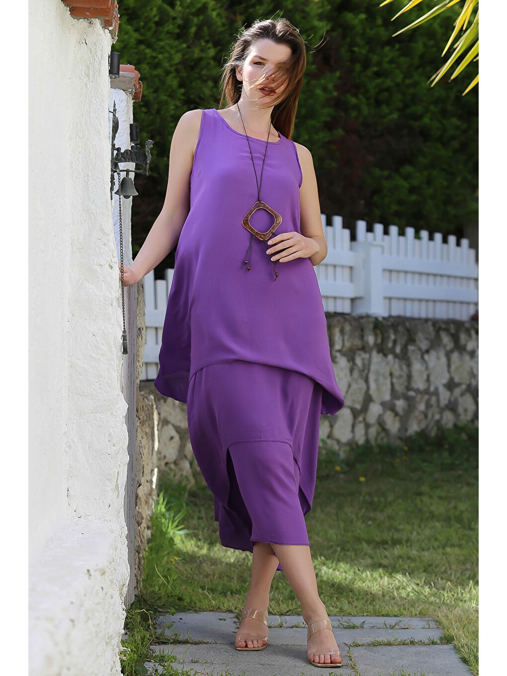 Mor Havuz Yaka Kolsuz İnce Çift Katlı Casual Dokuma Elbise 135 55-1