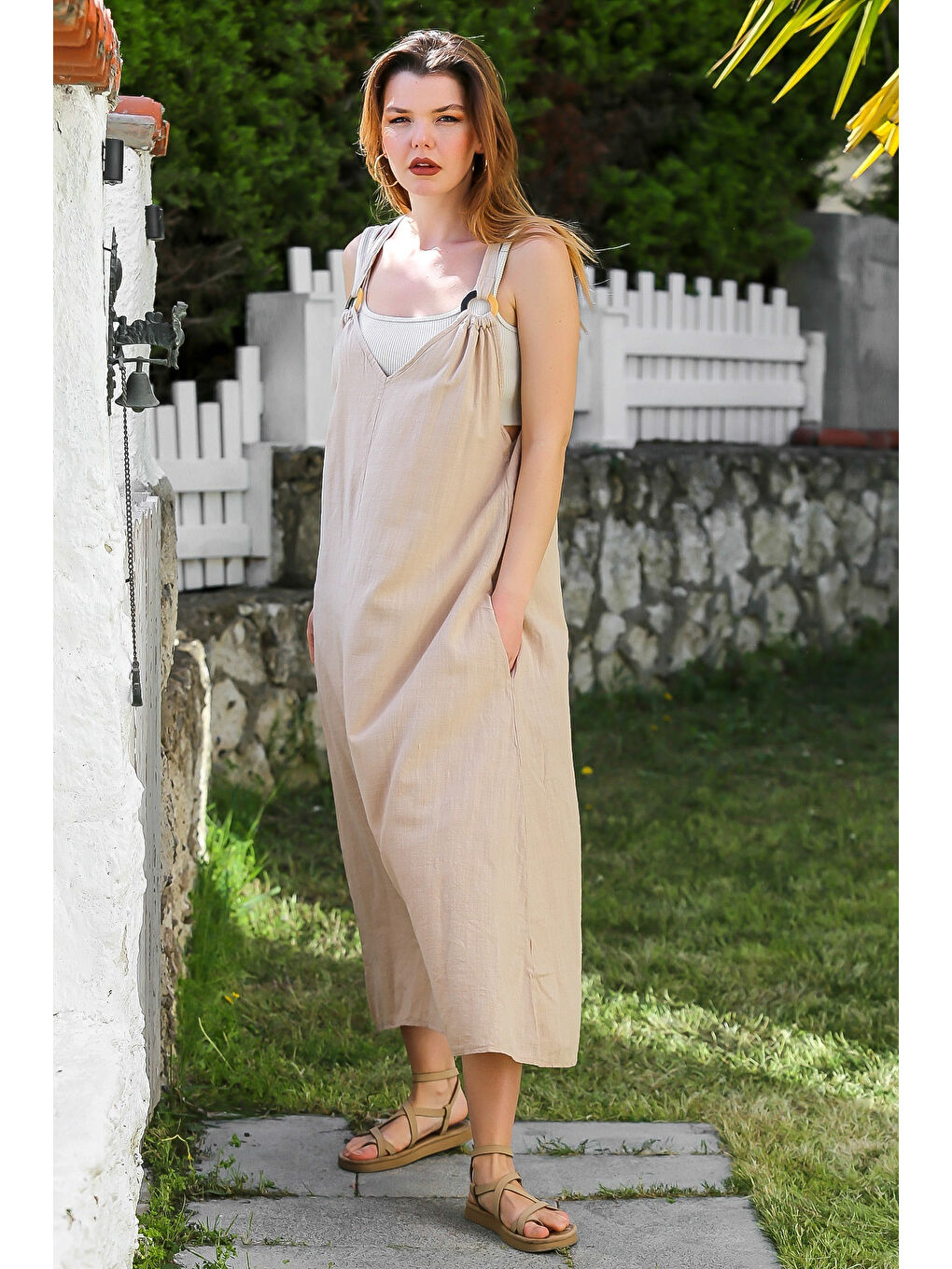 Bej Askılı Gizli Cepli Tokalı Casual Keten Karışımlı Dokuma Elbise 135 58-2