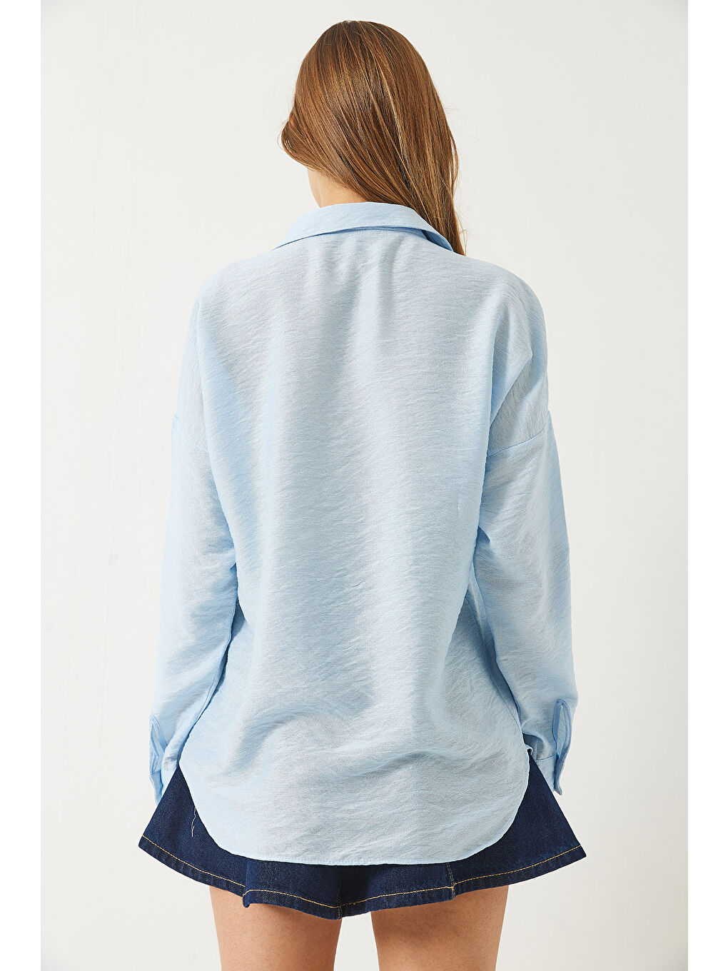 Mavi Kadın Boncuk Taş Nakış İşlemeli Aerobin Oversize Gömlek-6