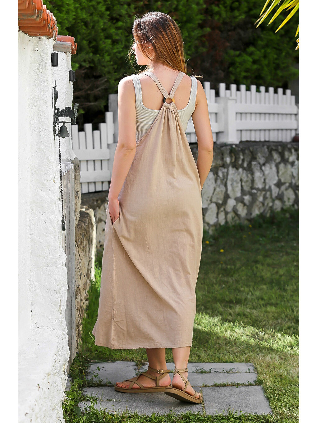 Bej Askılı Gizli Cepli Tokalı Casual Keten Karışımlı Dokuma Elbise 135 58-6