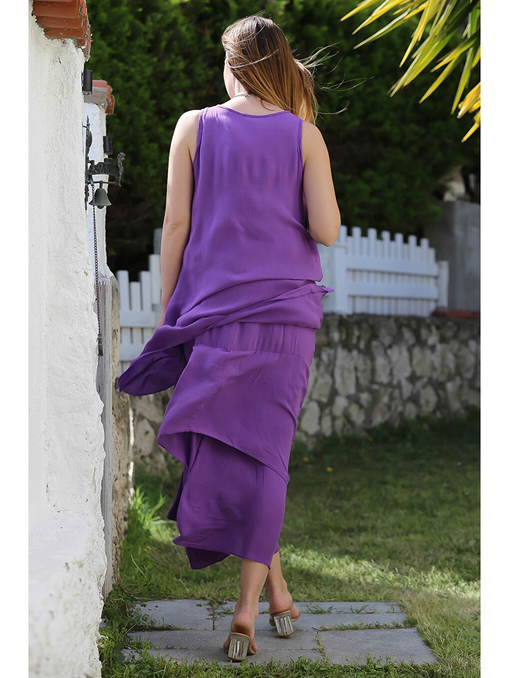 Mor Havuz Yaka Kolsuz İnce Çift Katlı Casual Dokuma Elbise 135 55-6