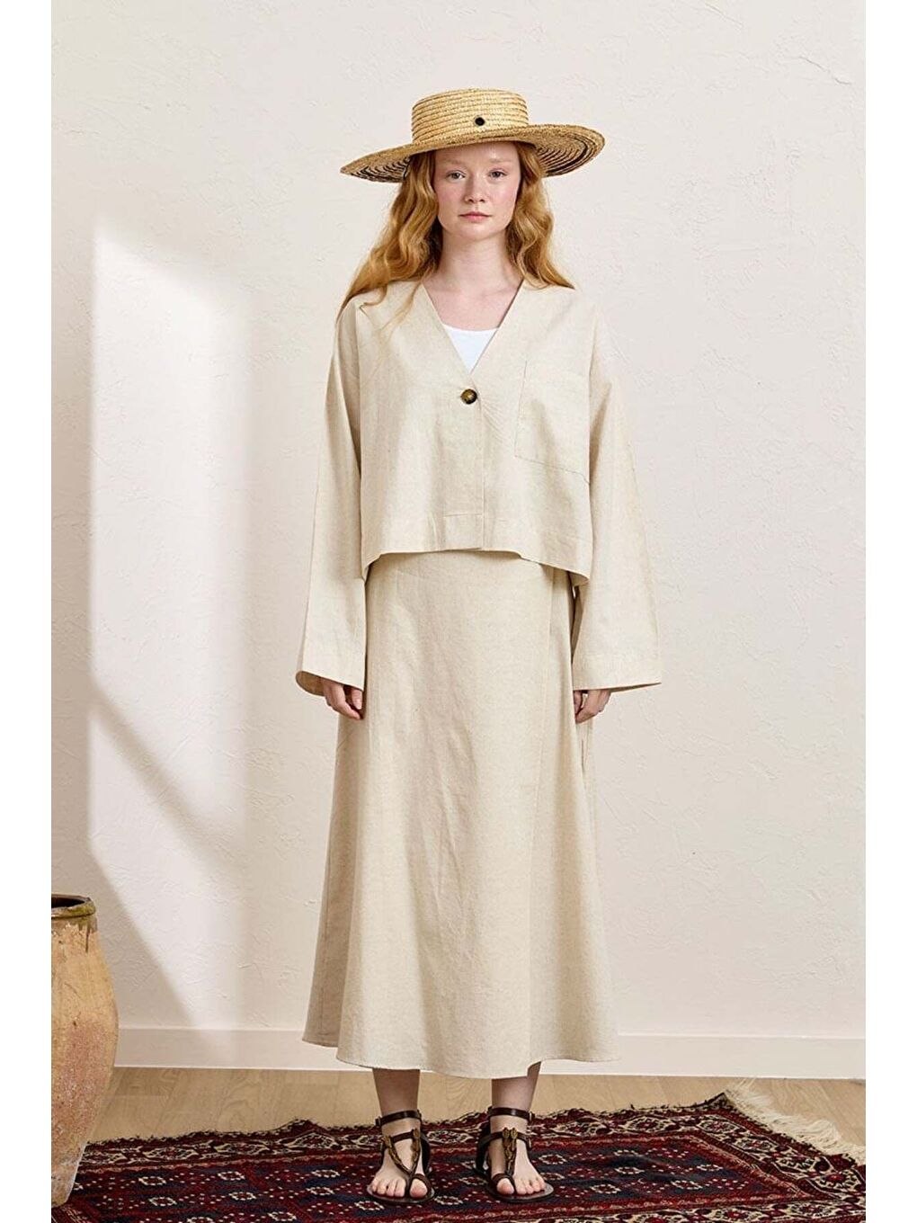 Ekru Krem Organik Keten Tek Cepli Ceket   Anvelop Etek Takım