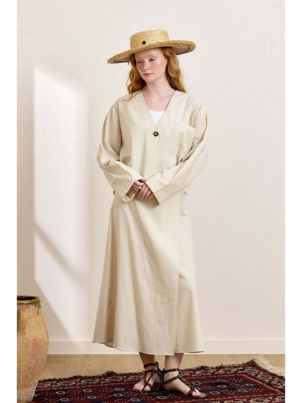 Ekru Krem Organik Keten Tek Cepli Ceket   Anvelop Etek Takım-1