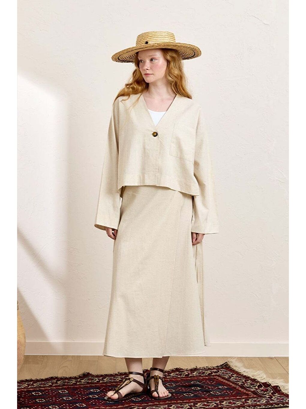 Ekru Krem Organik Keten Tek Cepli Ceket   Anvelop Etek Takım-2